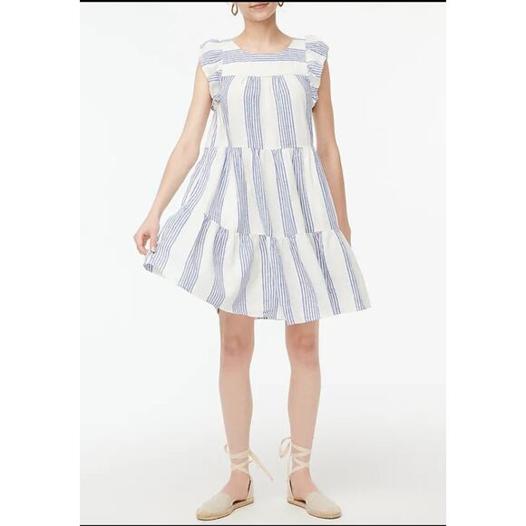 J.Crew linen blue striped ruffled sleeve babydoll dress SZ 4 resort coastal boho - Picture 1 of 11